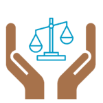 Two hands framing the scales of justice