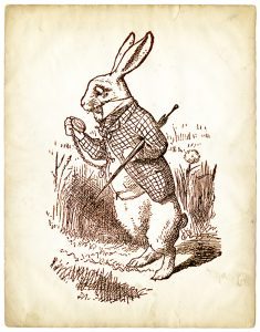 Illustration of the white rabbit from Alice in Wonderland, wearing a waistcoat and looking at a pocket watch
